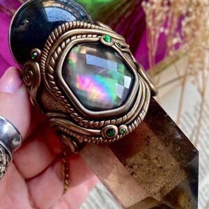 Huge Artisan Smokey Quartz, Mother of Pearl, Labradorite Sphere Crystal Pendant!